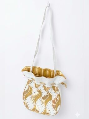 80s Vintage White/Gold Metallic Studded Drawstring Shoulder Bag Glam Retro